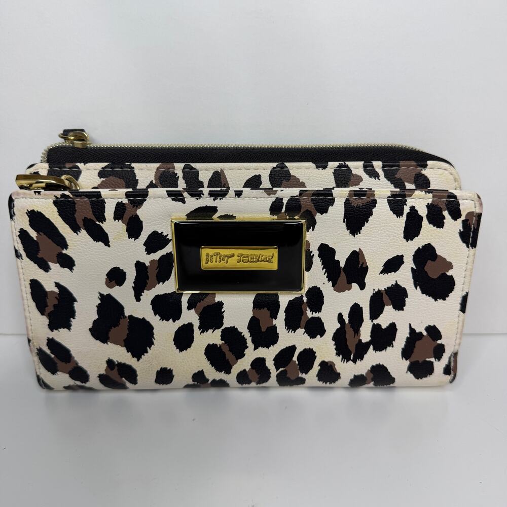 Betsey Johnson Large White Animal Print Zip Around Wallet